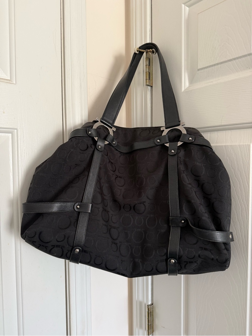 Salvatore Ferragamo Gancini Black Women's Tote Bag with Leather Trim.   P is F